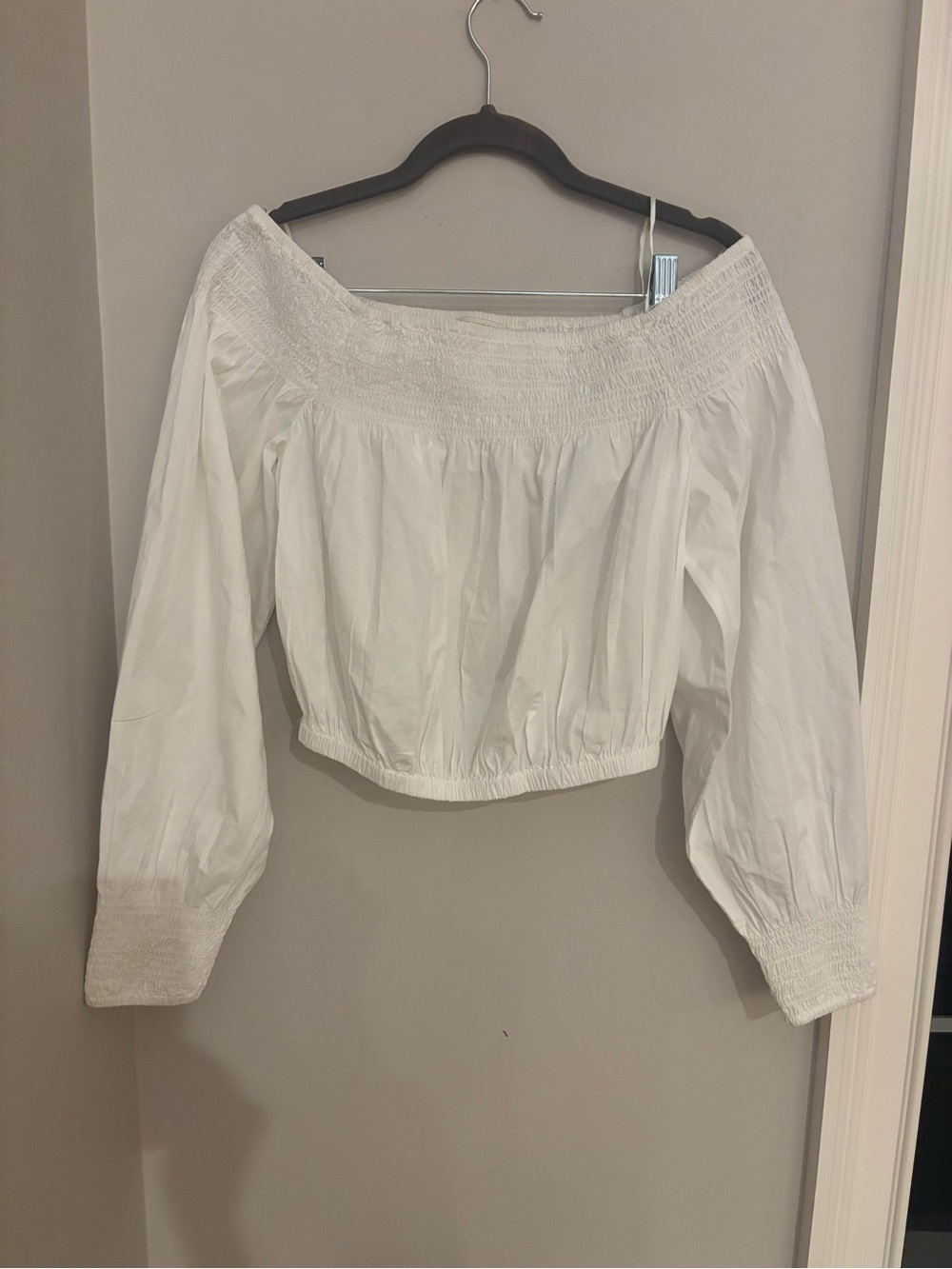Ramy Brook White Crop Off-Shoulder Smocked Peasant Blouse